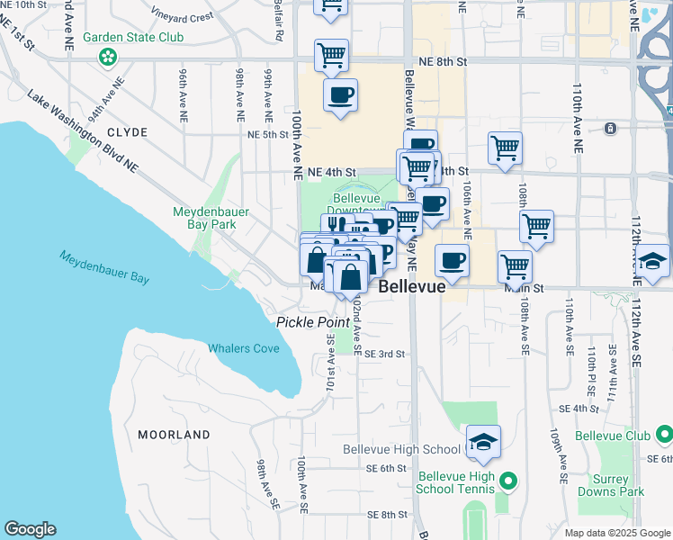 map of restaurants, bars, coffee shops, grocery stores, and more near 10129 Main Street in Bellevue