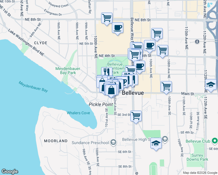 map of restaurants, bars, coffee shops, grocery stores, and more near 10045 Northeast 1st Street in Bellevue