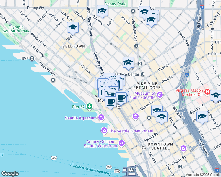 map of restaurants, bars, coffee shops, grocery stores, and more near 1900 1st Avenue in Seattle