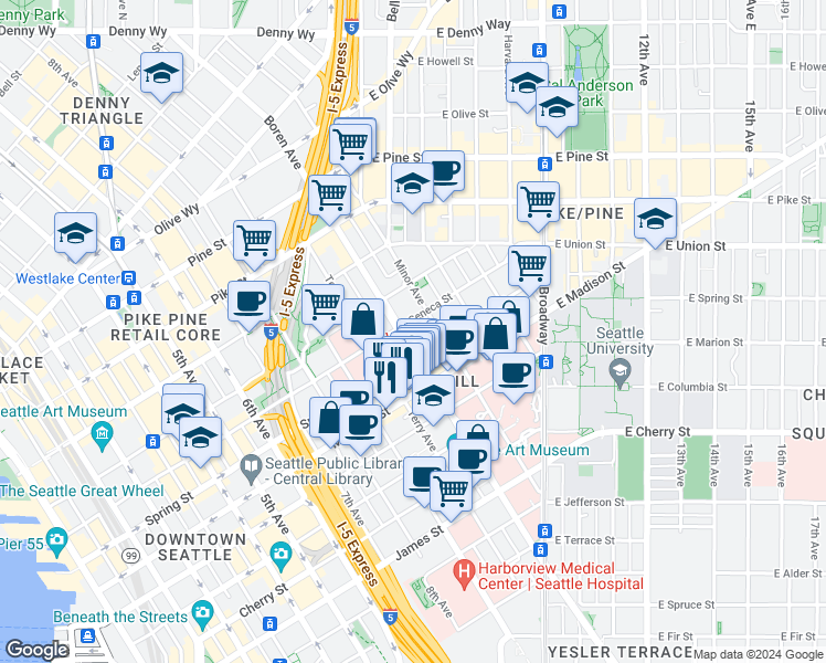 map of restaurants, bars, coffee shops, grocery stores, and more near 1006 Spring Street in Seattle