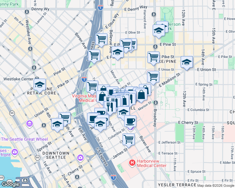 map of restaurants, bars, coffee shops, grocery stores, and more near 1101 Seneca Street in Seattle