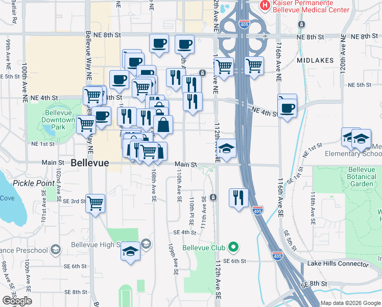 map of restaurants, bars, coffee shops, grocery stores, and more near 11030 Main Street in Bellevue