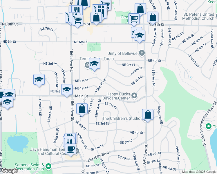 map of restaurants, bars, coffee shops, grocery stores, and more near 15904 Main Street in Bellevue