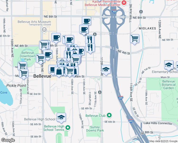 map of restaurants, bars, coffee shops, grocery stores, and more near in Bellevue