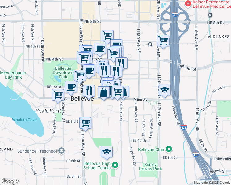 map of restaurants, bars, coffee shops, grocery stores, and more near 10713 Main Street in Bellevue