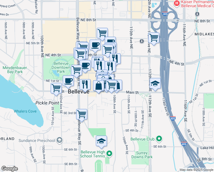 map of restaurants, bars, coffee shops, grocery stores, and more near 10713 Main Street in Bellevue