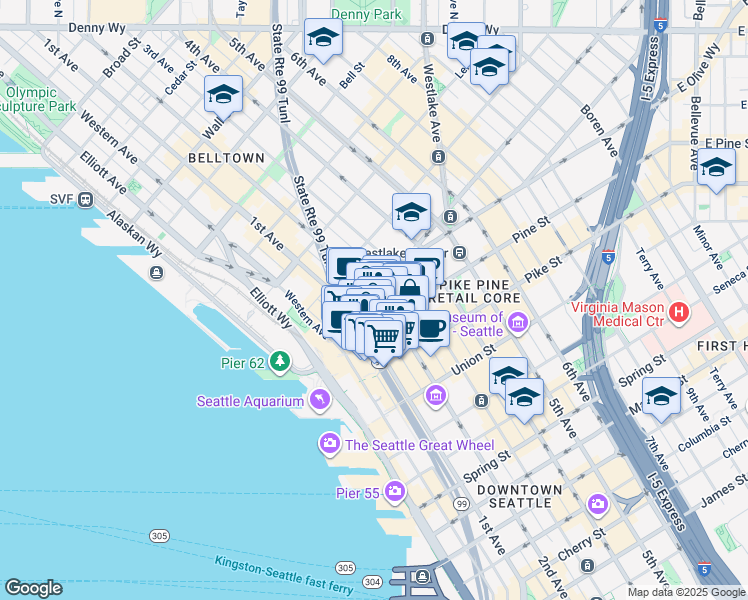 map of restaurants, bars, coffee shops, grocery stores, and more near 196 Pine Street in Seattle
