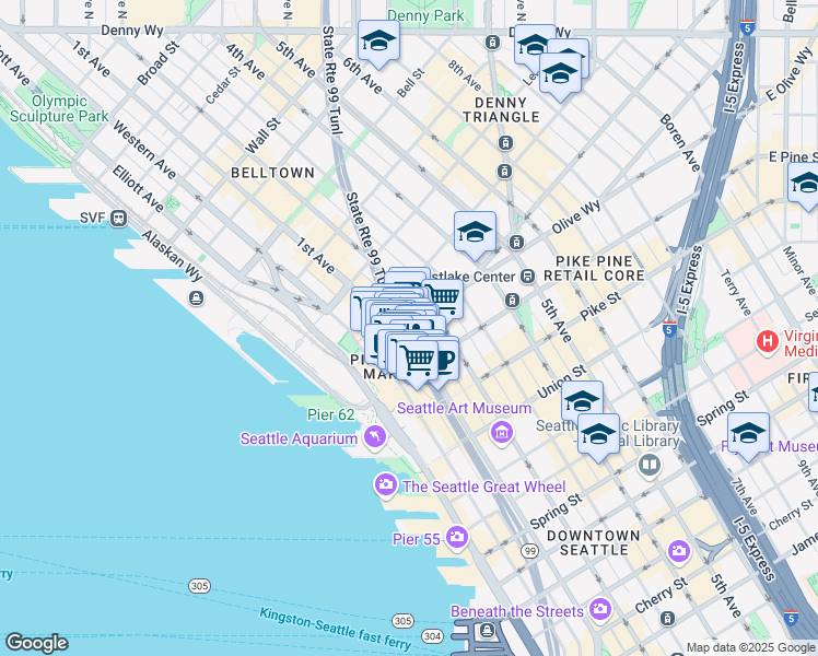 map of restaurants, bars, coffee shops, grocery stores, and more near 1524 Pike Place in Seattle