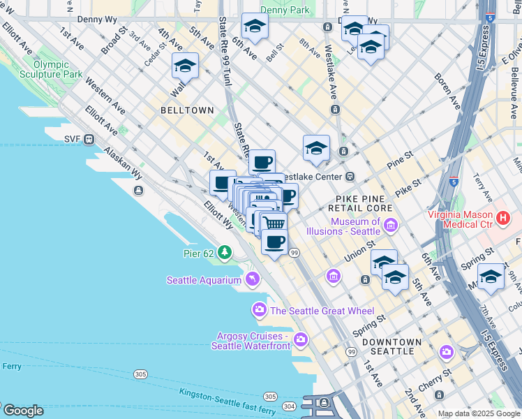 map of restaurants, bars, coffee shops, grocery stores, and more near 1922 Pike Place in Seattle
