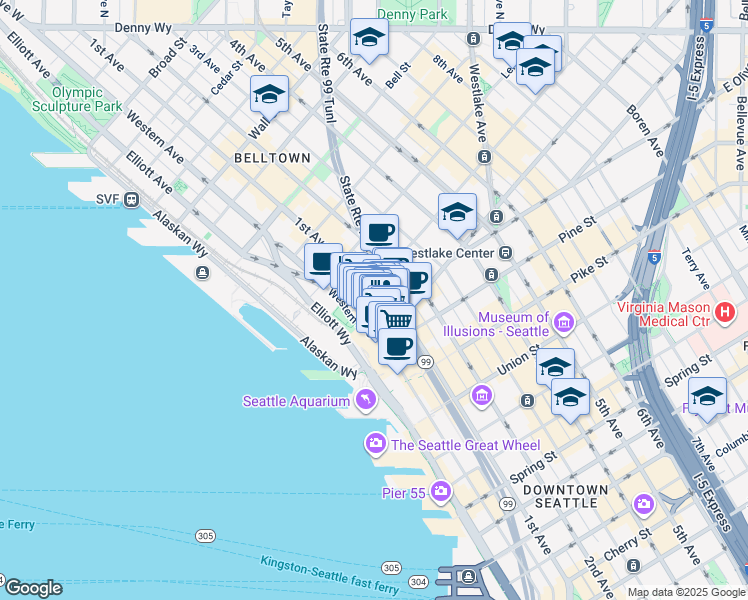 map of restaurants, bars, coffee shops, grocery stores, and more near 1922 Pike Place in Seattle