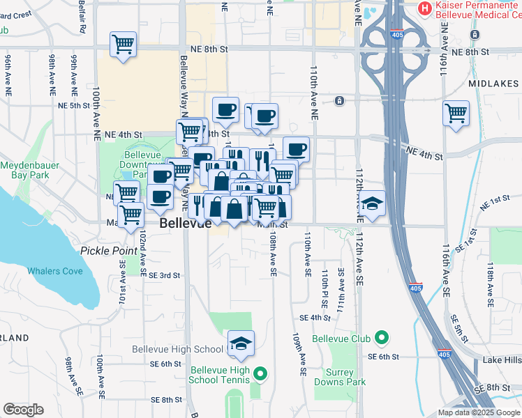 map of restaurants, bars, coffee shops, grocery stores, and more near 111 108th Avenue Northeast in Bellevue