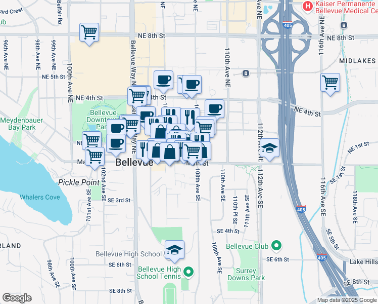 map of restaurants, bars, coffee shops, grocery stores, and more near 118 107th Avenue Northeast in Bellevue