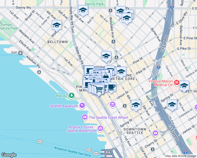 map of restaurants, bars, coffee shops, grocery stores, and more near in Seattle