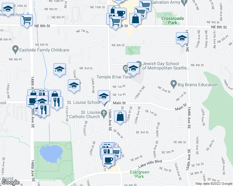 map of restaurants, bars, coffee shops, grocery stores, and more near 15618 Northeast 1st Place in Bellevue