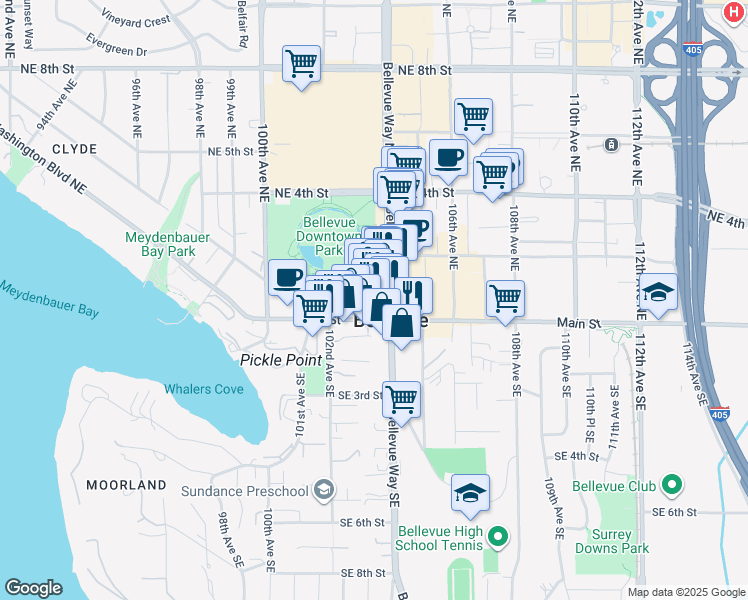 map of restaurants, bars, coffee shops, grocery stores, and more near 10360 Main Street in Bellevue