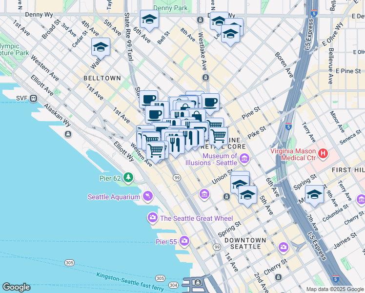 map of restaurants, bars, coffee shops, grocery stores, and more near 1600 2nd Avenue in Seattle