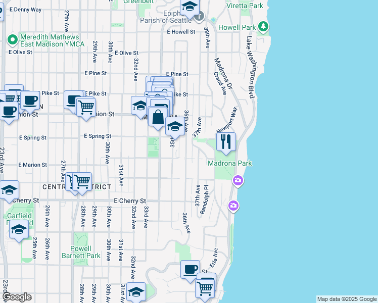 map of restaurants, bars, coffee shops, grocery stores, and more near 3515 East Spring Street in Seattle