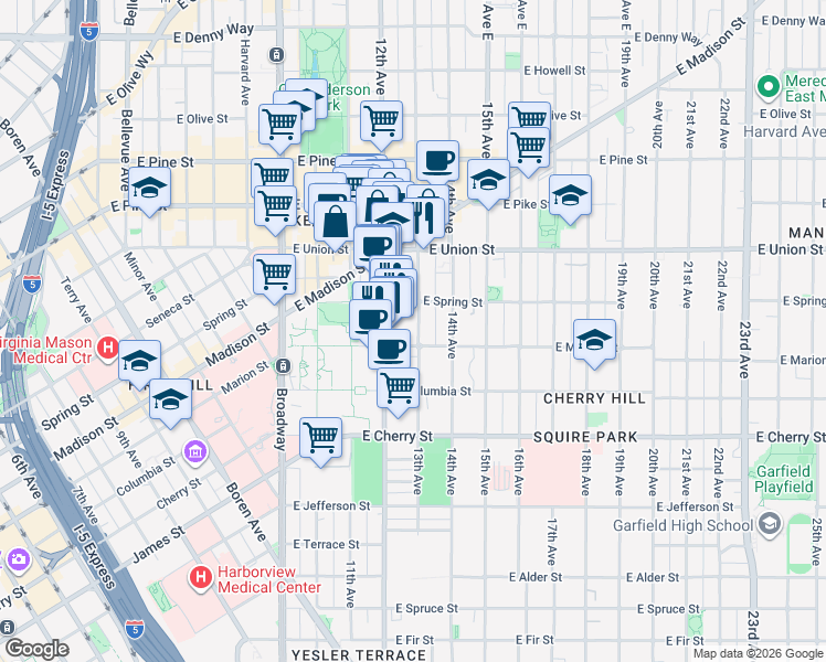 map of restaurants, bars, coffee shops, grocery stores, and more near 1215 East Spring Street in Seattle