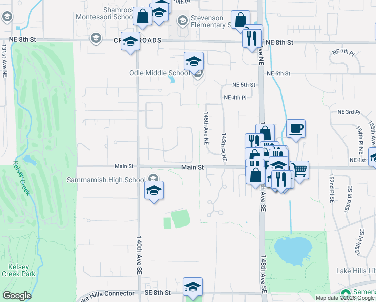 map of restaurants, bars, coffee shops, grocery stores, and more near 167 143rd Place Northeast in Bellevue