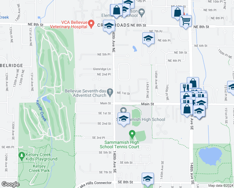 map of restaurants, bars, coffee shops, grocery stores, and more near 156 Northeast 1st Street in Bellevue