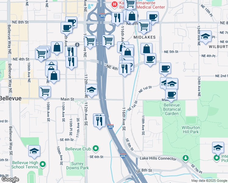 map of restaurants, bars, coffee shops, grocery stores, and more near 11505 Northeast 2nd Place in Bellevue