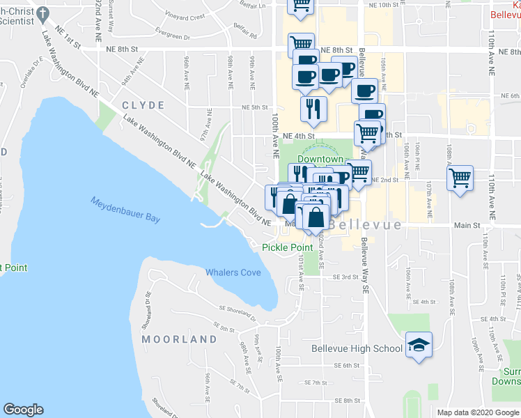 map of restaurants, bars, coffee shops, grocery stores, and more near 9913 Northeast 1st Street in Bellevue