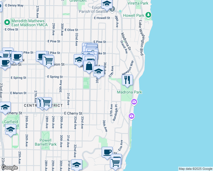 map of restaurants, bars, coffee shops, grocery stores, and more near 3515 East Spring Street in Seattle