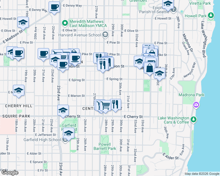 map of restaurants, bars, coffee shops, grocery stores, and more near 951 29th Avenue in Seattle