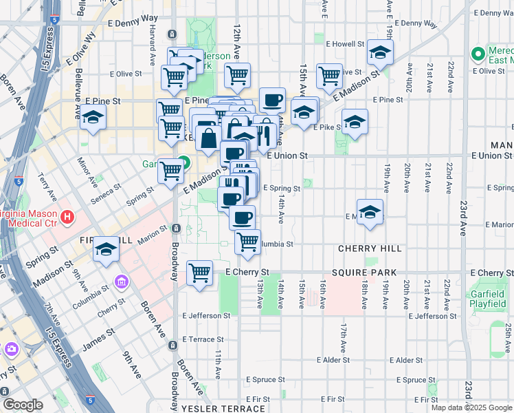 map of restaurants, bars, coffee shops, grocery stores, and more near 1215 East Spring Street in Seattle