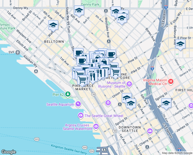 map of restaurants, bars, coffee shops, grocery stores, and more near in Seattle