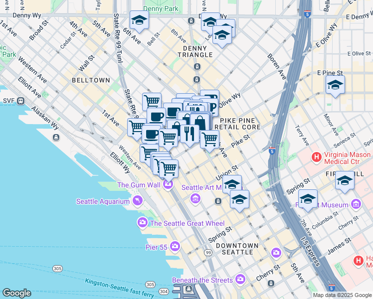 map of restaurants, bars, coffee shops, grocery stores, and more near 1601 3rd Avenue in Seattle