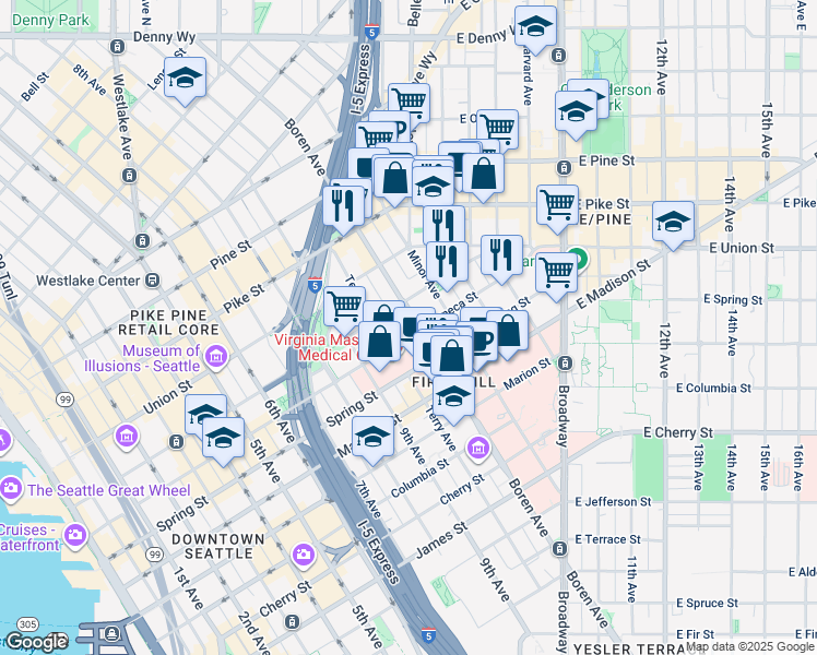 map of restaurants, bars, coffee shops, grocery stores, and more near 1020 Seneca Street in Seattle