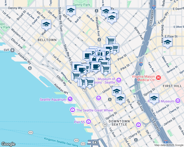 map of restaurants, bars, coffee shops, grocery stores, and more near 290 Pine Street in Seattle