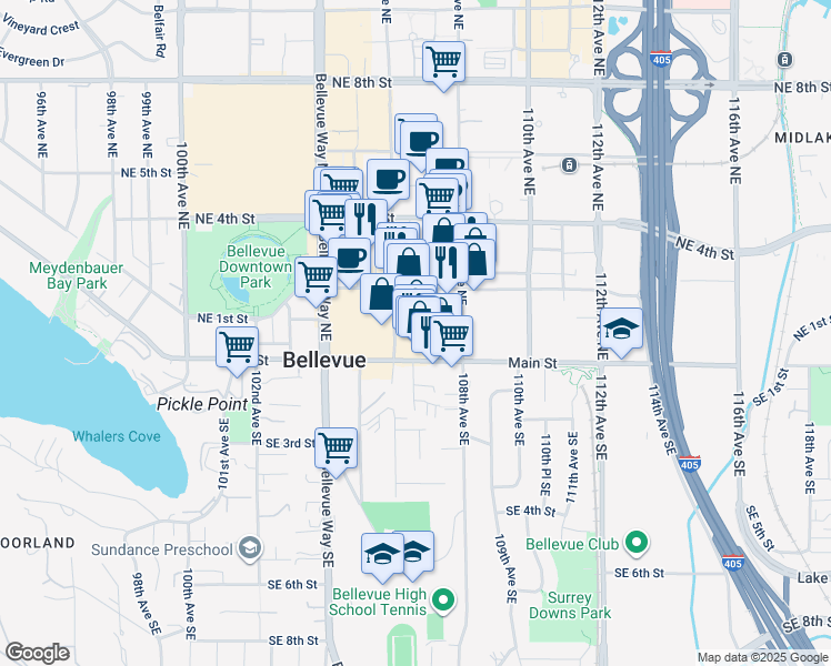 map of restaurants, bars, coffee shops, grocery stores, and more near 100 107th Avenue Northeast in Bellevue