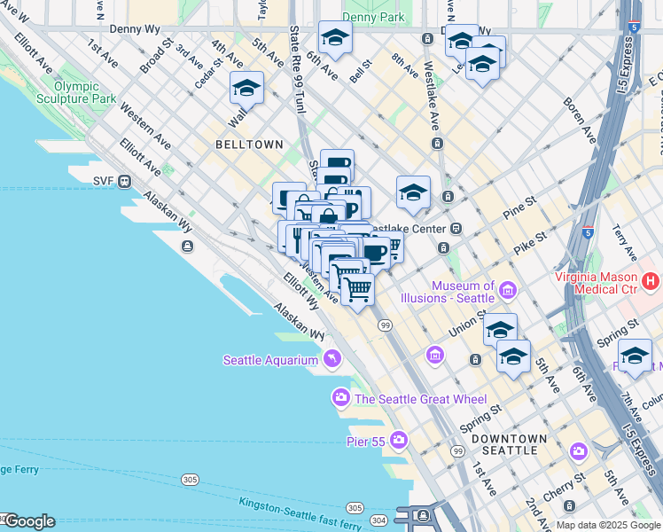 map of restaurants, bars, coffee shops, grocery stores, and more near 2016 1st Avenue in Seattle