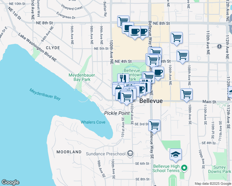 map of restaurants, bars, coffee shops, grocery stores, and more near 10001 Northeast 1st Street in Bellevue