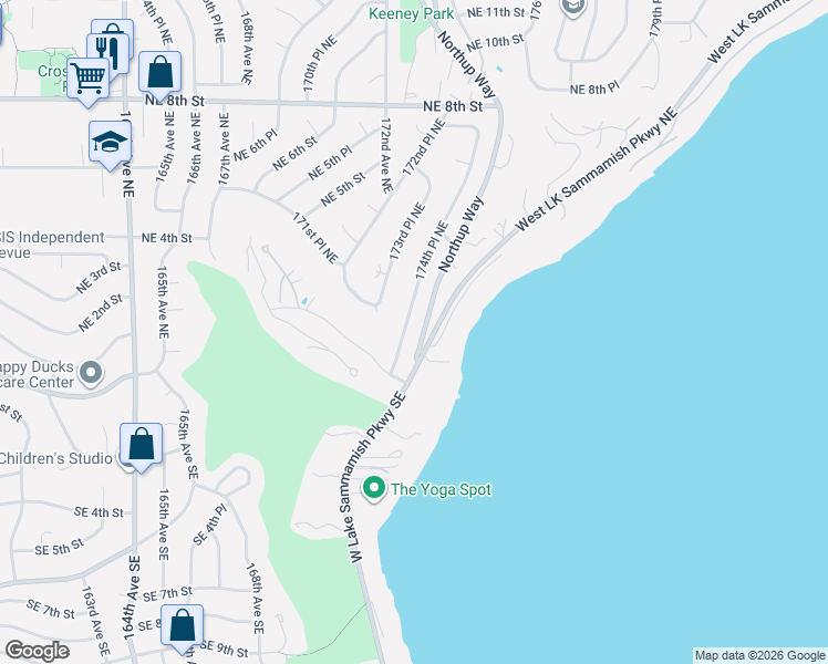 map of restaurants, bars, coffee shops, grocery stores, and more near 110 174th Place Northeast in Bellevue