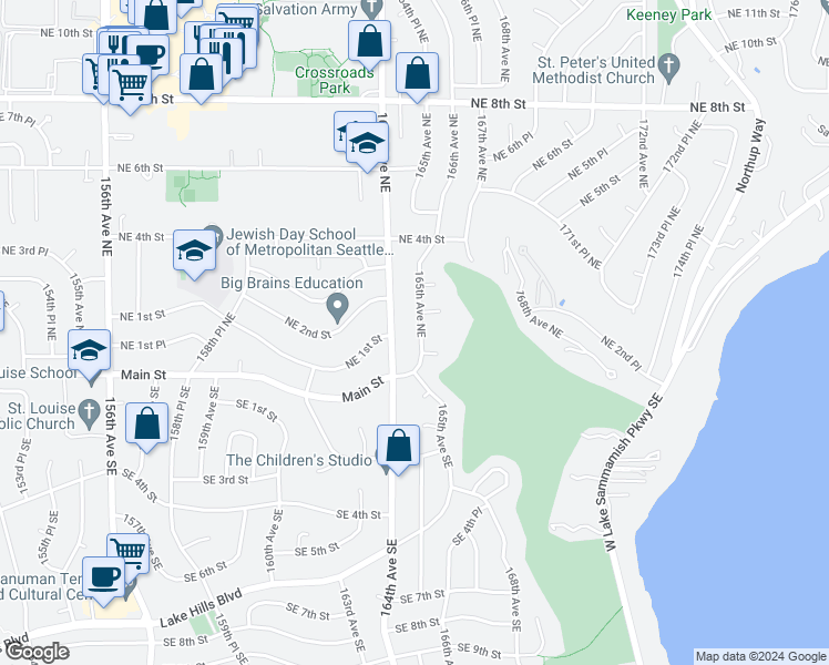 map of restaurants, bars, coffee shops, grocery stores, and more near 123 165th Avenue Northeast in Bellevue