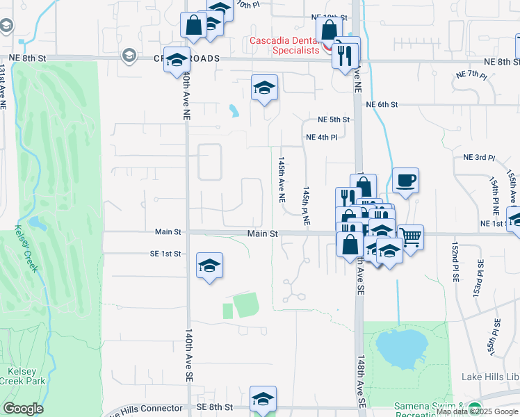 map of restaurants, bars, coffee shops, grocery stores, and more near 167 143rd Place Northeast in Bellevue