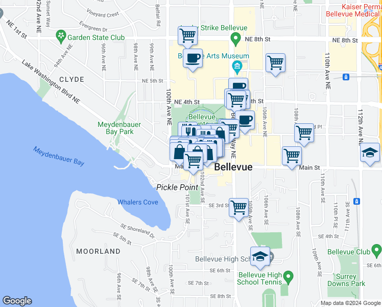 map of restaurants, bars, coffee shops, grocery stores, and more near 10201 Northeast 4th Street in Bellevue
