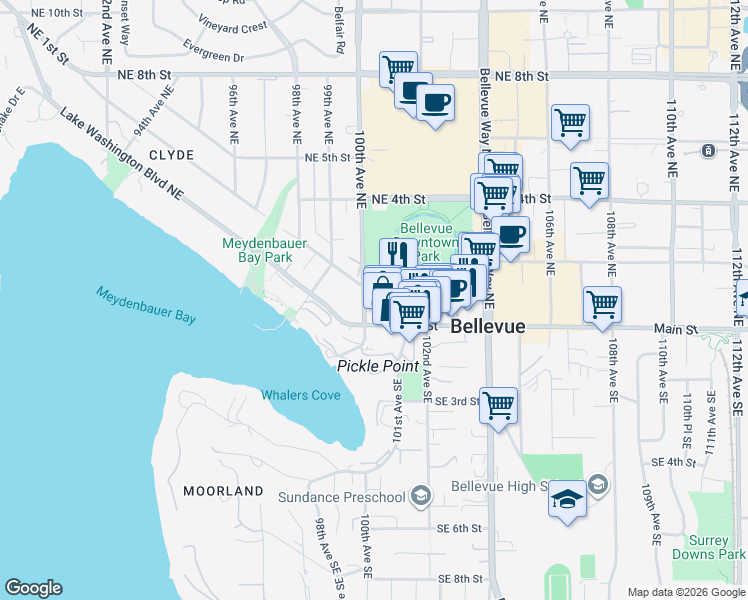 map of restaurants, bars, coffee shops, grocery stores, and more near 100 100th Avenue Northeast in Bellevue