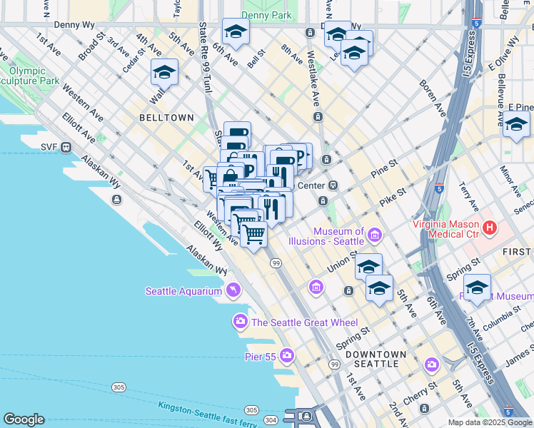 map of restaurants, bars, coffee shops, grocery stores, and more near 1931 2nd Avenue in Seattle