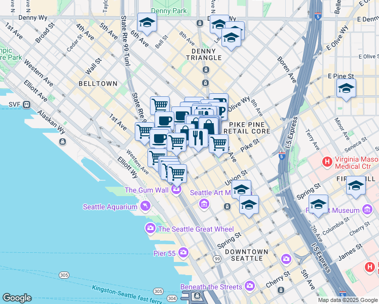 map of restaurants, bars, coffee shops, grocery stores, and more near 1601 3rd Avenue in Seattle