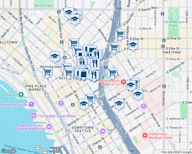 map of restaurants, bars, coffee shops, grocery stores, and more near 706 Union Street in Seattle