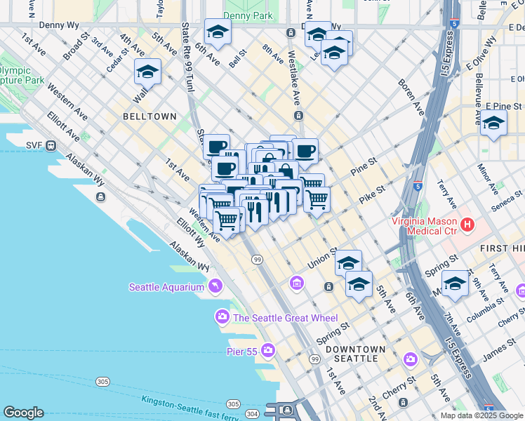 map of restaurants, bars, coffee shops, grocery stores, and more near 1610 2nd Avenue in Seattle