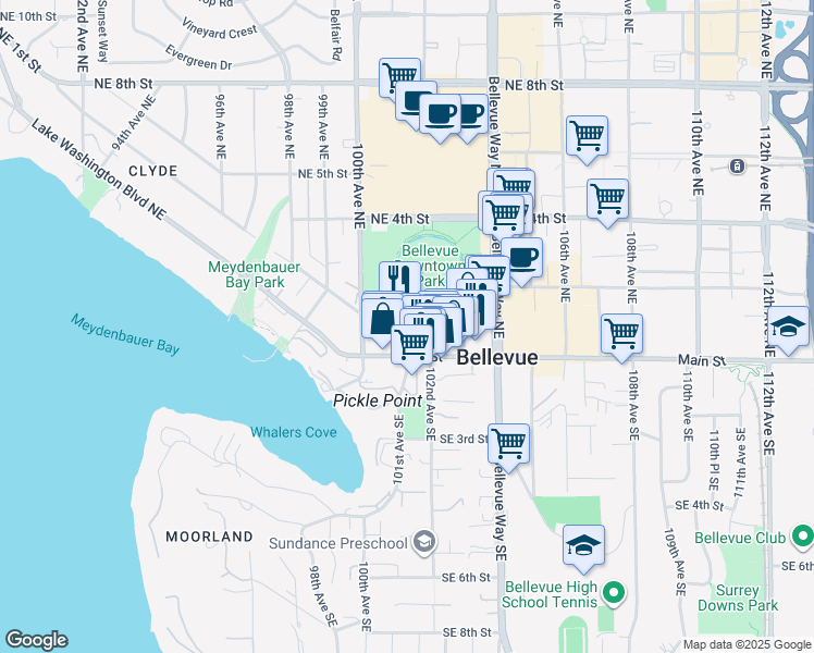 map of restaurants, bars, coffee shops, grocery stores, and more near 10045 Northeast 1st Street in Bellevue