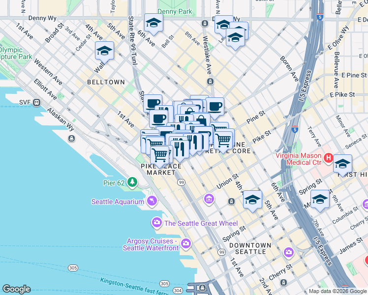 map of restaurants, bars, coffee shops, grocery stores, and more near 1610 2nd Avenue in Seattle