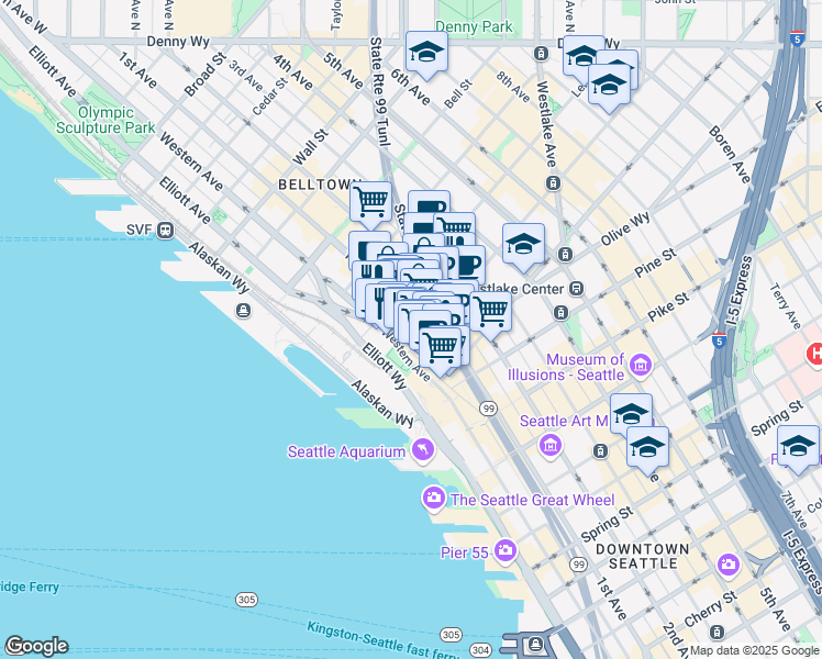 map of restaurants, bars, coffee shops, grocery stores, and more near 2021 1st Avenue in Seattle