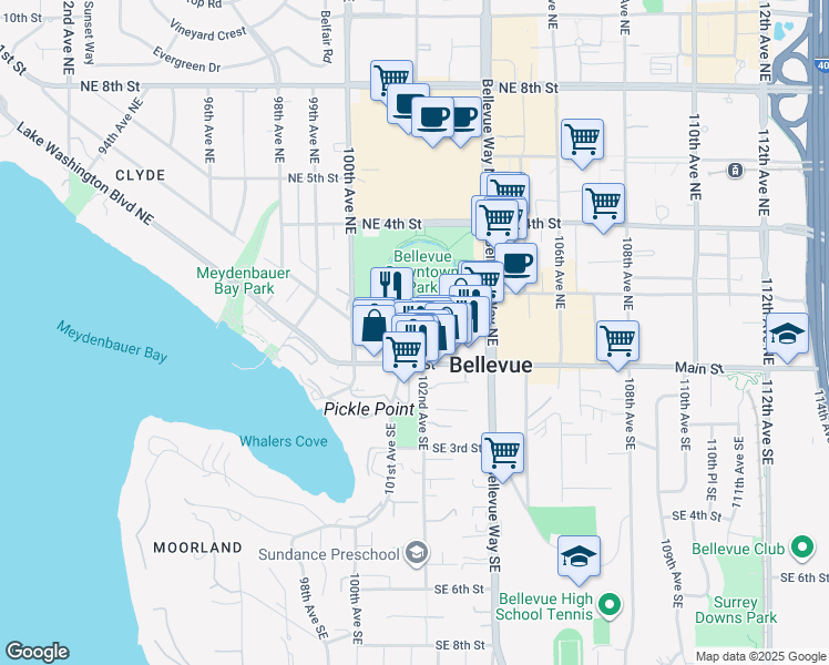 map of restaurants, bars, coffee shops, grocery stores, and more near 75 102nd Avenue Northeast in Bellevue