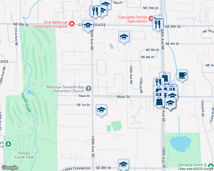 map of restaurants, bars, coffee shops, grocery stores, and more near 182 141st Place Northeast in Bellevue